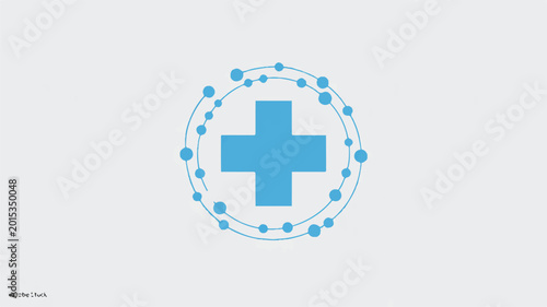 A minimalist medical logo design featuring a blue cross and circle on light background