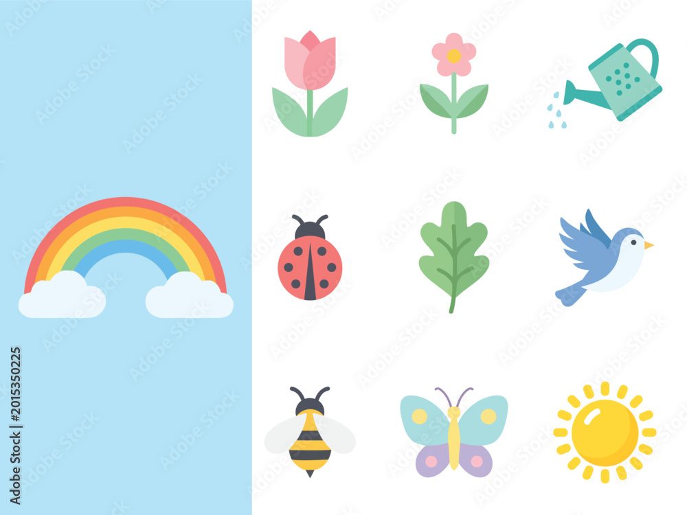 Fototapeta premium Spring Season Flat Vector Icon Pack with Tulips Butterfly Rainbow Sun Bee Bird and Nature Elements