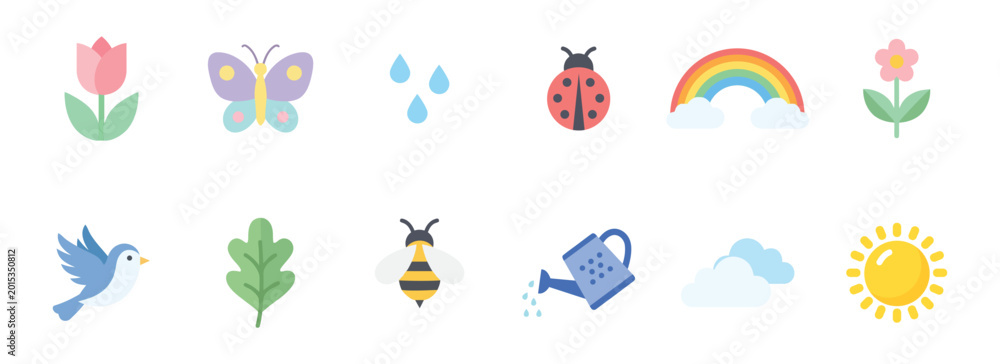 Fototapeta premium Spring Season Flat Vector Icon Pack with Tulips Butterfly Rainbow Sun Bee Bird and Nature Elements