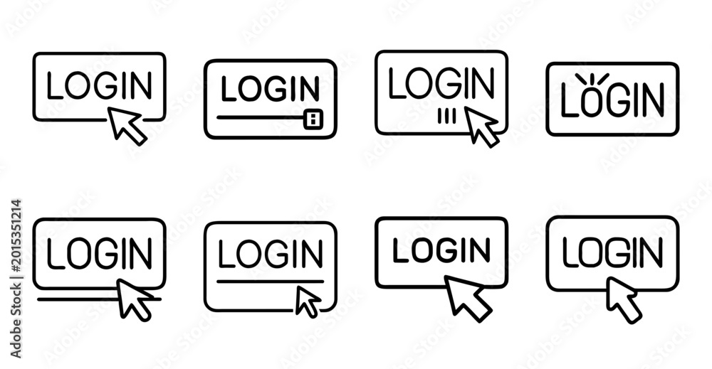 Fototapeta premium Login button icons with cursor click effects - Flat design login button icons illustrated with cursor pointers showing click interactions for web or app UI design.