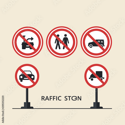 A collection of five distinct traffic prohibition signs, each indicating a specific restriction on movement or activity.