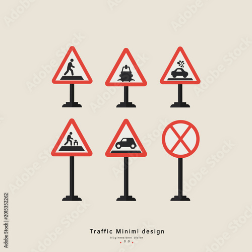Set of minimalist traffic warning and prohibition signs for road safety and regulations.