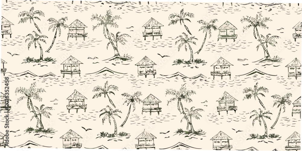 Fototapeta premium tropical island pattern with palm trees and thatched huts