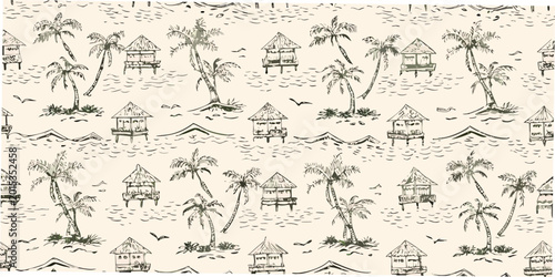 Photos tropical island pattern with palm trees and thatched huts
