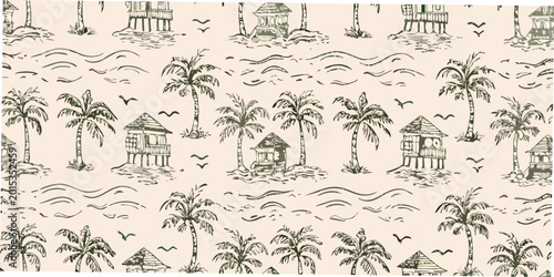 tropical island pattern with palm trees and huts hand drawn style