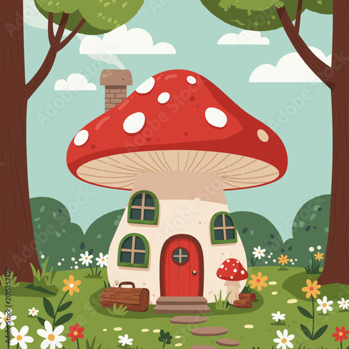 A whimsical mushroom house with a red cap and white spots, nestled in a vibrant green forest clearing with blooming wildflowers.