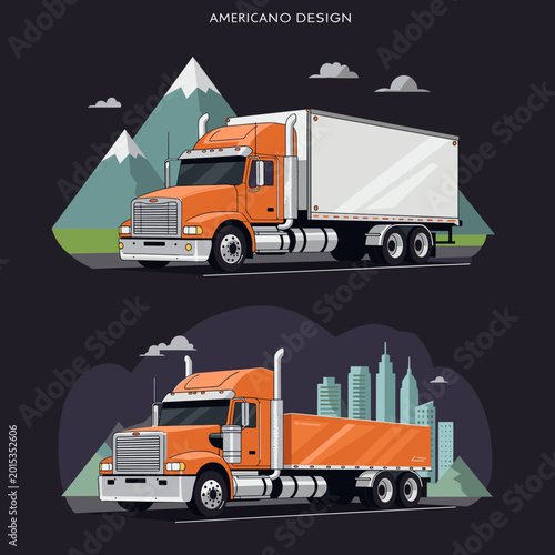 Two detailed illustrations of orange semi-trucks, one with a box trailer in a mountain landscape and another with an open cargo bed in a city setting.