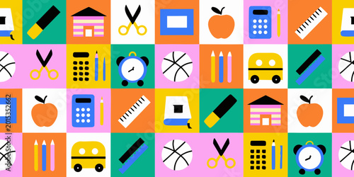 School supplies flat icons pattern with colorful backgrounds