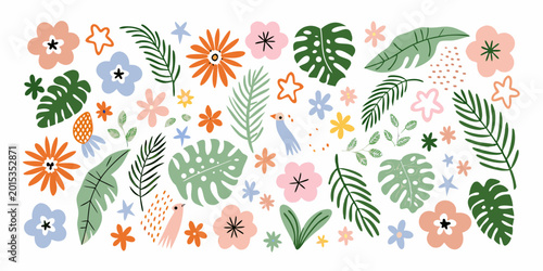 Tropical leaves flowers and birds illustration on a white background