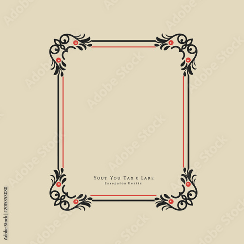 An ornate decorative border with floral elements and red accents on a beige background.