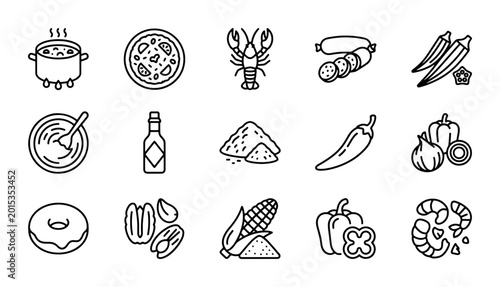 Photos Cajun Food Icons, Louisiana Cuisine Vector Set, Creole Cooking Ingredients, Spic