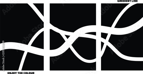 Monochrome abstract wavy white lines intersecting on black background in a triptych design with abstract background movement