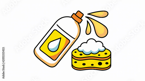 A simple cartoon illustration of a white plastic cleaning bottle with a yellow label and orange cap, tilted to show liquid droplets spilling out