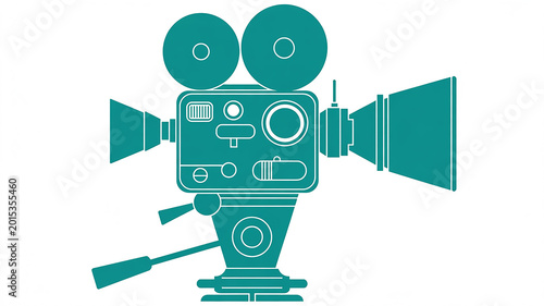 A stylized illustration of a vintage movie camera in a solid teal color against a white background