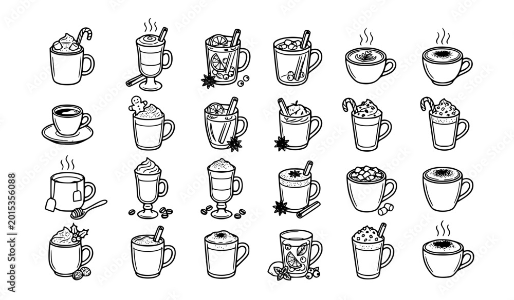 Naklejka premium Winter coffee and hot chocolate icon set vector hand drawn holiday beverage collection
