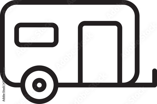 Minimalist black outline icon of a travel trailer side view featuring a window and door ready for adventure.