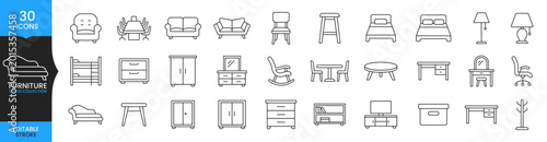 Furniture Line Icon Set, Home Interior Outline Icons Vector, Editable Stroke Furniture Collection, Sofa Bed Table Chair Minimal Icons