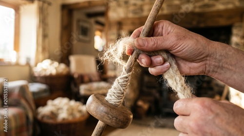 Fototapeta Close-up of hands spinning natural wool fiber into yarn using a traditional wooden drop spindle in a rustic home setting