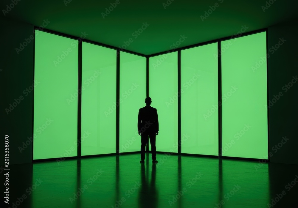 Fototapeta premium Silhouette of a Businessman Standing in Front of Large Glowing Green P