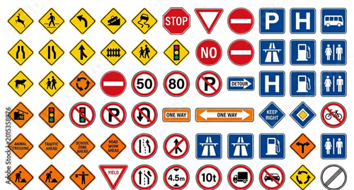 Bild auf Leinwand Road traffic signs collection with caution warning and safety symbols vector ill