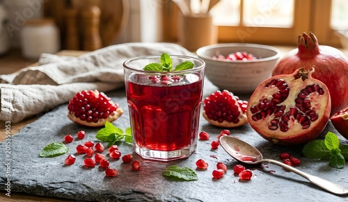 pomegranate juice in glass with pomegranate fruits