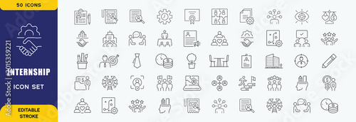 Internship icon set. Contain icons related to apprentice, experience, employee, train, transition, skill, work learn, and more. Editable stroke. Vector illustration