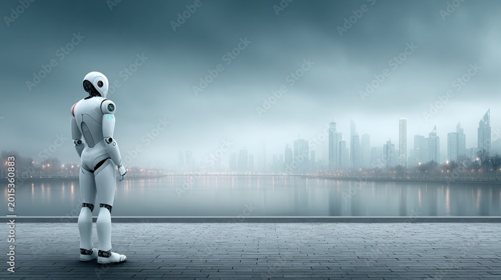 Fototapeta premium Futuristic Robot in Urban Environment with Cityscape