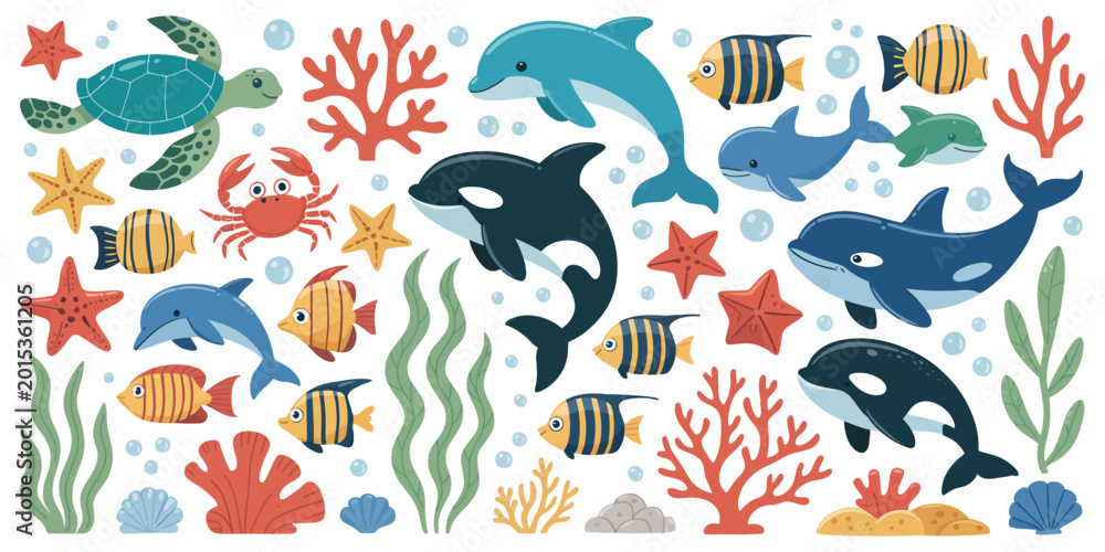 Obraz premium Hand Drawn Sea Animals Set Featuring Wild Marine Life, Seashells, Tropical Fish, Seaweed and Coral Reef Elements, Ocean Nature Illustration Collection for Design Projects