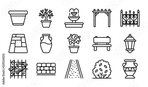 Fotografia Garden Icons Set: Pots, Fountains, Arbors, Benches, Lanterns, Urns, Plants, Path