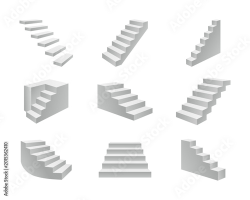 Set of 9 minimal staircase designs in isometric 3D. Grey stairs with abstract architectural feel.