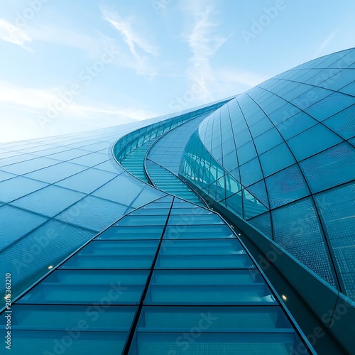Modern building exterior with a curved glass staircase against a blue sky high quality professional