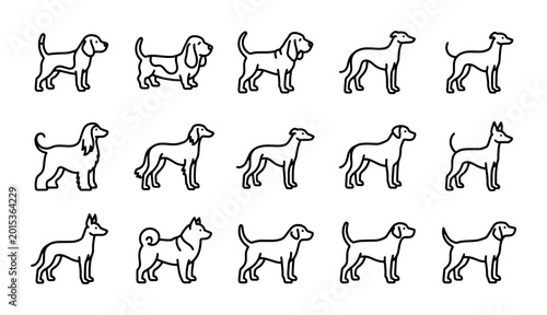 Diverse Dog Breeds Vector Icons, Canine Silhouettes Collection, Pet Animal Graphics Set