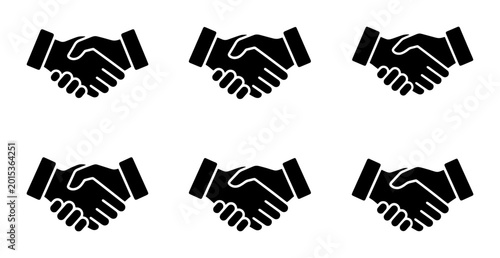 Six Black Handshake Icons, Agreement Symbol, Partnership Vector Graphics, Business Collaboration Concept