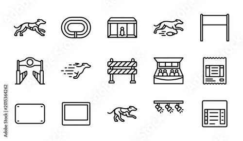 Greyhound Racing Icons Set, 15 Vector Graphics for Sports and Competition Themes