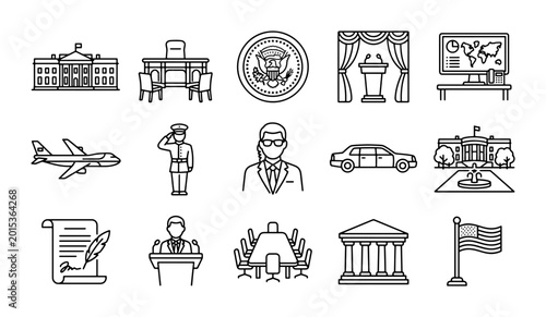 Government Icons Set: White House, Capitol, President, Flag, Law, Diplomacy, Politics