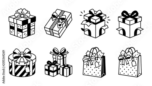 Hand-drawn Gift Boxes, Vector Icons Set: Celebration Presents, Surprise Packages, Festive Occasions