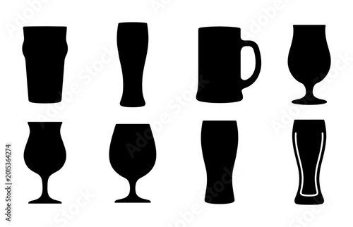 Diverse Beer Glass Silhouettes, Craft Brewery Drinkware Icons, Pub Barware Collection, Alcohol Beverage Vessels