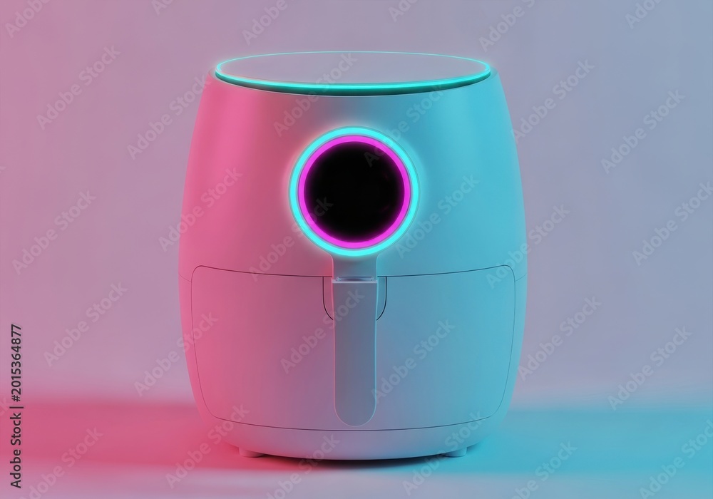 Obraz premium Modern White Air Fryer with Futuristic Neon LED Lighting and Digital D