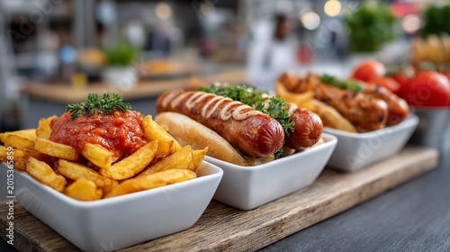 Vibrant Street Food Cart with Fusion Cuisine, Chips, Bratwurst, and Tomato Sauce