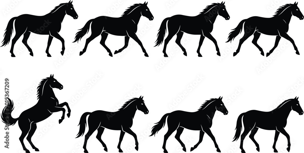 Fototapeta premium Running and Rearing Horse Silhouette Vector Set Featuring Stallions and Mustangs in Dynamic Poses for Equestrian Sports, Ranching, and Nature Themed Graphic Designs