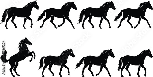 Tableau sur toile Running and Rearing Horse Silhouette Vector Set Featuring Stallions and Mustangs