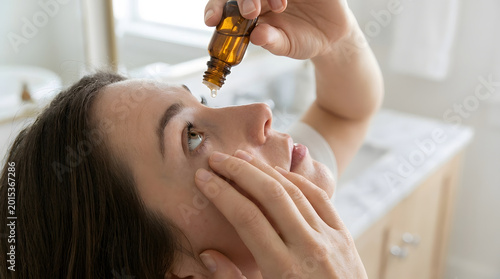 Woman applying eye drops for dry eyes in bright natural lighting at home