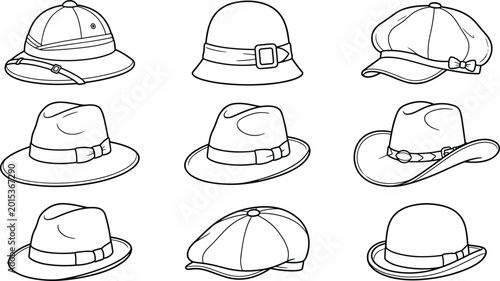 Slika na platnu Vintage and Classic Hat Vector Line Art Collection Featuring Fedora, Cowboy, Pit