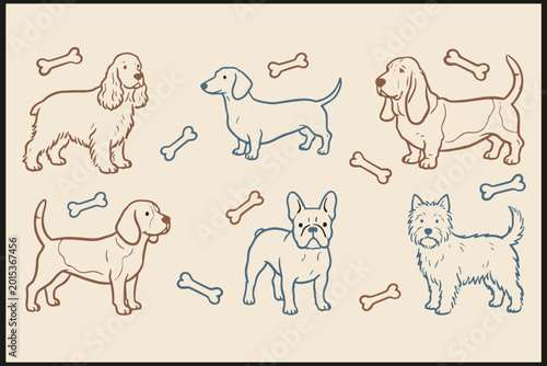 Foto Dog breed icons with cocker spaniel dachshund basset bulldog and terrier illustr