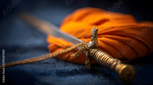 kirpan. Golden dagger beside an orange turban, symbolic still life. event programs, museum guides, cultural reports, designed for cultural heritage projects and event programs, used by chefs.