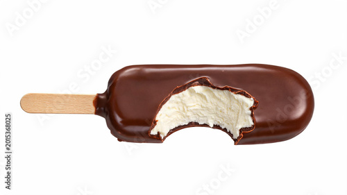 Tableau sur toile Horizontal view of a bitten chocolate coated vanilla ice cream bar on a wooden s