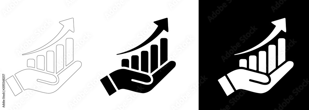 Naklejka premium Hand holding bar graph with upward trending arrow in outline solid and negative space