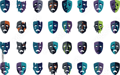 Canvas Print Sad theatrical mask set with tears and melting effects in dark blue and colorful