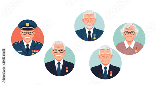 Tableau sur toile Portraits of honored senior citizens including veterans in military uniforms and medals representing a lifetime of service and experience