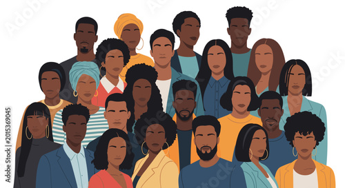 Diverse group of people of African descent representing a strong community with various ages, styles, and professional backgrounds.